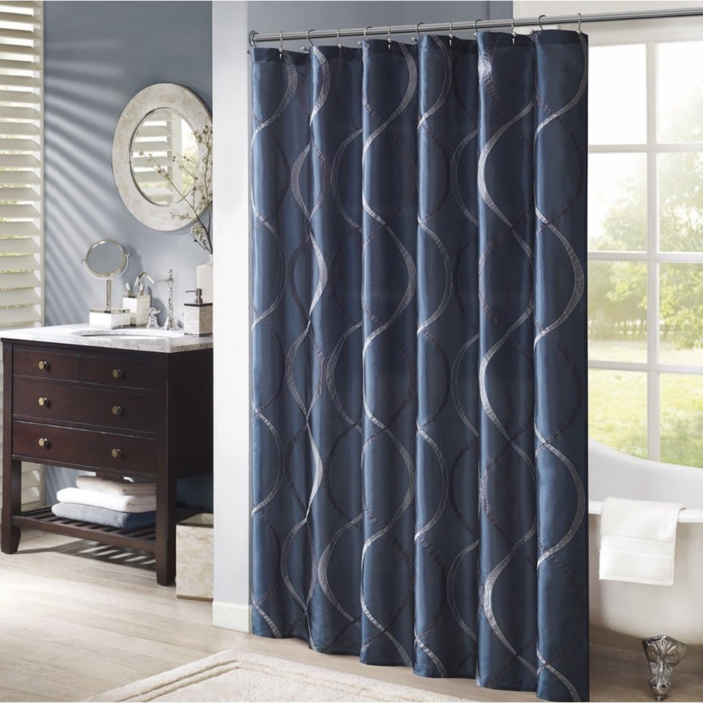 Madison Park Serendipity Shower Curtain, Embroidery Ogee Design, Navy